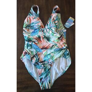 NWT Swim Solutions 18 Plunge Mio 1 pc Swimsuit Tropical Peach & White 130830